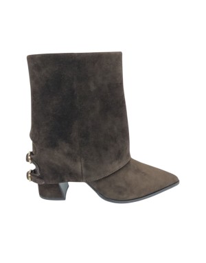 BRUNO PREMI, TRONCHETTO CON GHETTA, TOMAIA IN CAMOSCIO INGRASSATO COLORE T.MORO, LAMPO LATERALE, DUE FIBBIETTE ALL'ALTEZZA DEL 