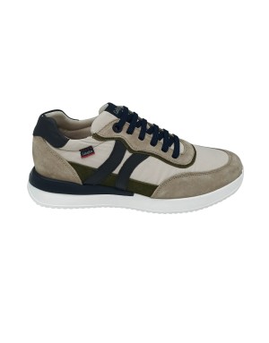 CALLAGHAN  SNEAKER LACCI IN CAMOSCIO, VITELLO E TESSUTO TECNICO COLORE PIETRA CON RIPORTI VERDIE BLU, FONDO GOMMA BICOLOR EXTR 