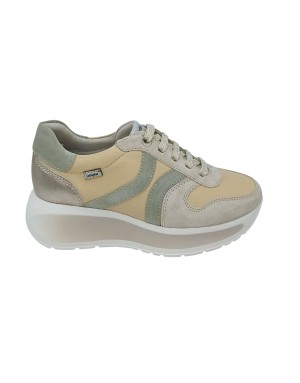 CALLAGHAN  SNEAKER LACCI IN VITELLO E CAMOSCIO COLORE BEIGE-VERDE-CREMA, FONDO GOMMA EXTRA LIGHT BICOLOR 5CM
