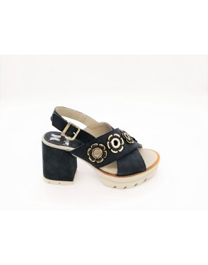CALLAGHAN 22600 SANDALO 2 FASCE INCROCIATE IN NABUK COLORE BLU  CON FIORI SOVRAPPOSTI COLORE ORO, TACCO 6 CM FASCIATO  CON PLAT