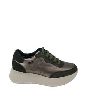CALLAGHAN SNEAKER LACCI IN VITELLO LAMINATO BRONZO E CAMOSCIO COLORE VERDE, FONDO GOMMA EXTRA LIGHT BICOLOR 5CM