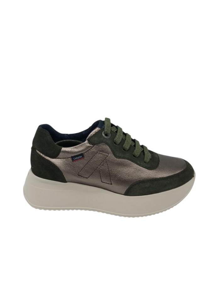 CALLAGHAN SNEAKER LACCI IN VITELLO LAMINATO BRONZO E CAMOSCIO COLORE VERDE, FONDO GOMMA EXTRA LIGHT BICOLOR 5CM