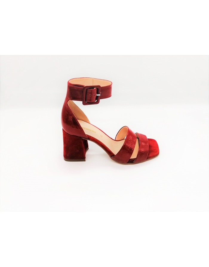 CARMENS 43047 SANDALO 2 FASCE E CINTIRINO ALLA CAVIGLIA IN VERNICE E CAMOSCIO COL ROSSO, TACCO FASCIATO 7 CM FONDO GOMMA