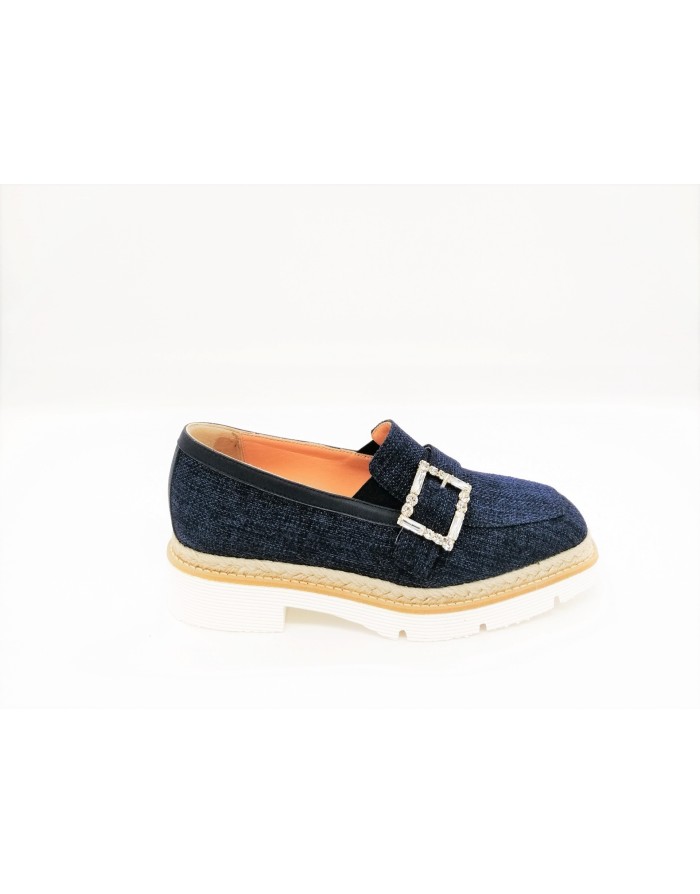 CIMADAMORE 124 MOCASSINO CON FIBBIA IN STRASSE, TOMAIA IN CANVAS COLORE BLU, FONDO MICRO GUARDOLO IN  CORDA, TACCO 4 CM