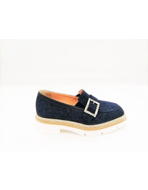CIMADAMORE 124 MOCASSINO CON FIBBIA IN STRASSE, TOMAIA IN CANVAS COLORE BLU, FONDO MICRO GUARDOLO IN  CORDA, TACCO 4 CM