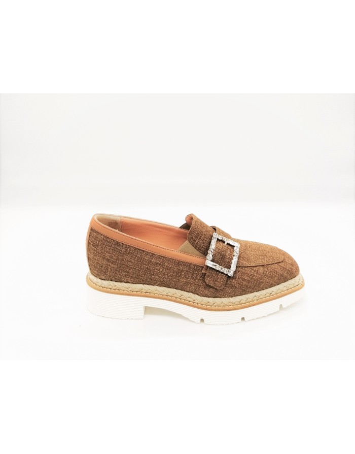 CIMADAMORE 124 MOCASSINO CON FIBBIA IN STRASSE, TOMAIA IN CANVAS COLORE CUOIO, FONDO MICRO GUARDOLO IN  CORDA, TACCO 4 CM