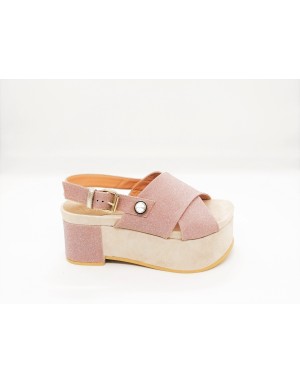 CIMADAMORE 130 SANDALO DUE FASCE INCROCIATE IN GLITTER COLORE CIPRIA/ROSA , FONDO ZEPPA FASCIATA 6 CM IN CAMOSCIO COLORE BEIGE