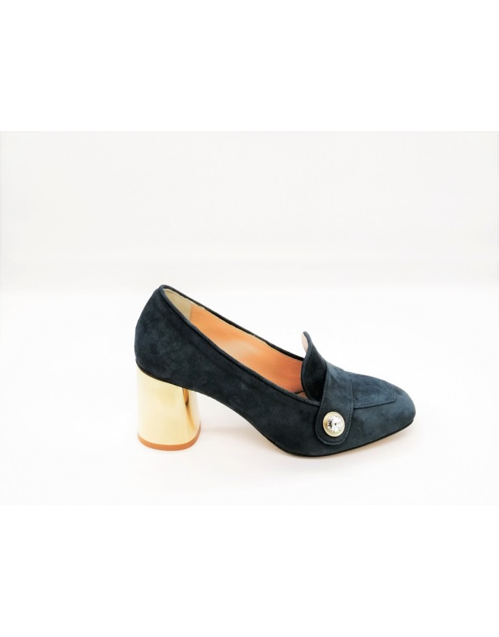 CIMADAMORE 150 MOCASSINO CON VASCHETTA E CON STRASSE CRISTAL LATERALE, TOMAIA IN CAMOSCIO COLORE BLU,TACCO 6 CM METAL COLORE OR