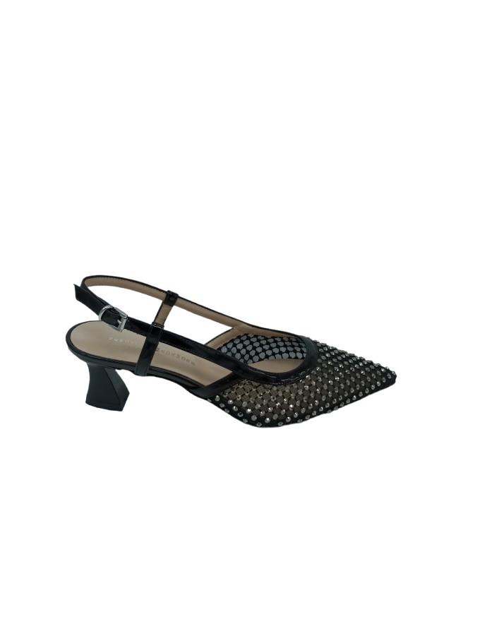 CIMADAMORE 432, CHANEL IN VERNICE NERA E TESSUTO RETATO CON CASCATA DI STRASSE FUME', TACCO IN ABS LUCIDO 6CM, FONDINO GOMMA