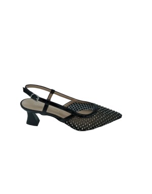 CIMADAMORE 432, CHANEL IN VERNICE NERA E TESSUTO RETATO CON CASCATA DI STRASSE FUME', TACCO IN ABS LUCIDO 6CM, FONDINO GOMMA