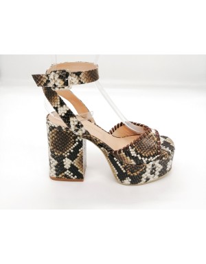 CIMADAMORE 703 SANDALO UNA FASCIA E CINTURINO ALLA CAVIGLIA, TOMAIA IN STAMPATO PITONE PATAGONIA COLORE MORO CON INFILATURA IN 