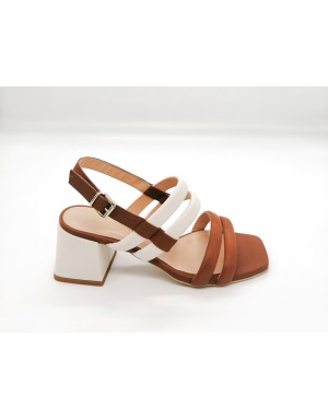 CIMADAMORE 742 SANDALO A FASCE IN VITELLO COLORE CUOIO/PANNA, TACCO FASCIATO 6CM CON PLATEAU