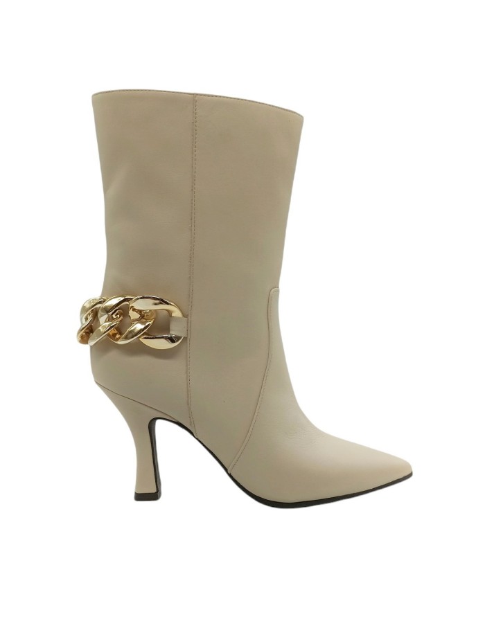 CIMADAMORE 844 TRONCHETTO IN VITELLO COLORE WILD/ BEIGE CON CATENA SUL TALLONE COLORE ORO, LAMPO LATERALE, FONDO GOMMA, TACCO F