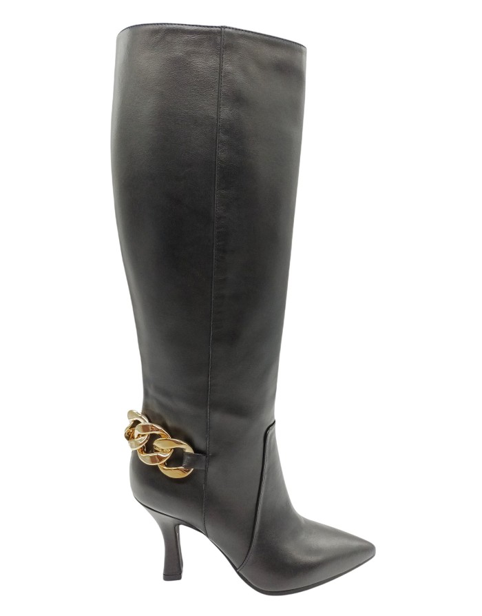 CIMADAMORE 846 STIVALE IN VITELLO COLORE NERO CON CATENA SUL TALLONE COLORE ORO, 1/2 LAMPO LATERALE, FONDO GOMMA, TACCO FASCIAT