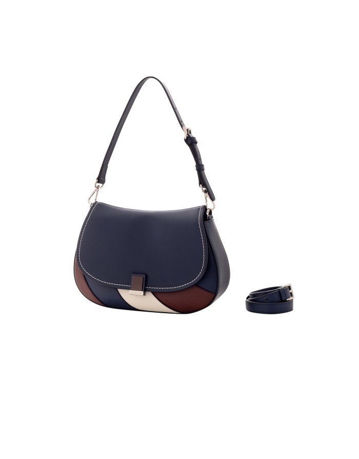 CROMIA BORSA MEDIA IN VITELLO COLORE BLU NOTTE CON IMPUNTURE AVORIO, RIPORTI IN CUOIO E AVORIO, , CHIUSURA CON PATTA, MANICO E 