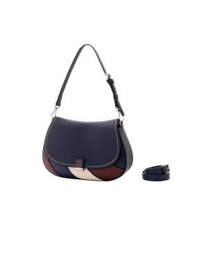 CROMIA BORSA MEDIA IN VITELLO COLORE BLU NOTTE CON IMPUNTURE AVORIO, RIPORTI IN CUOIO E AVORIO, , CHIUSURA CON PATTA, MANICO E 