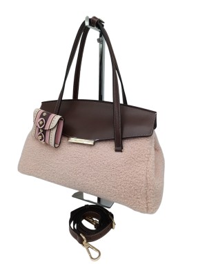 CROMIA ISABEL, BORSA GRANDE IN VITELLO COLORE CASTAGNA E LANA COLORE CIPRIA, CHIUSURA A PATTA, DUE MANICI E TRACOLLA STACCABILE