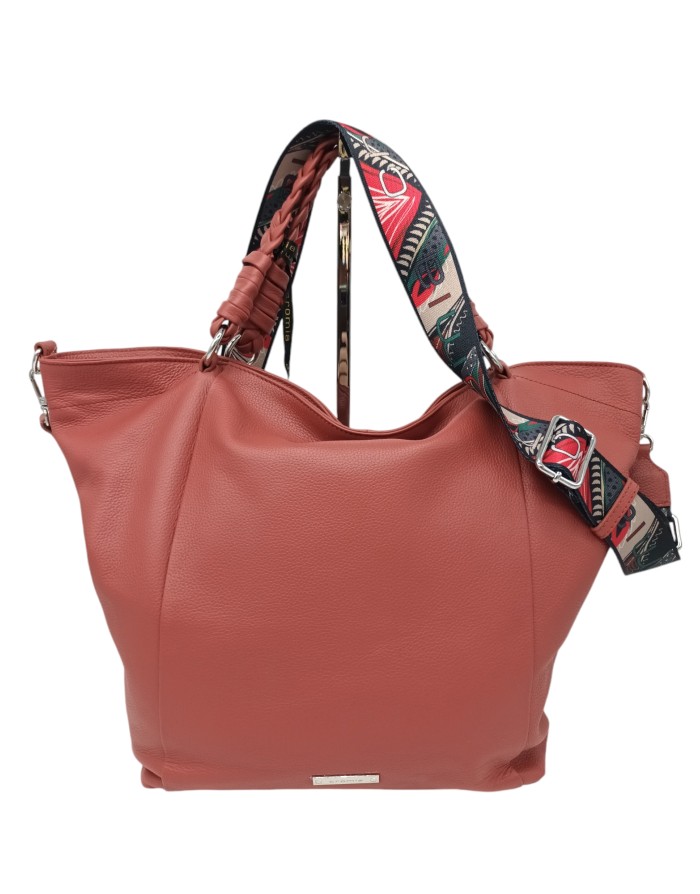 CROMIA STELLA, BORSA GRANDE IN VITELLO BOTTALATO COLORE MATTONE, CHIUSURA CENTRALE, TASCONE POSTERIORE, DUE MANICI A TORTIGLION