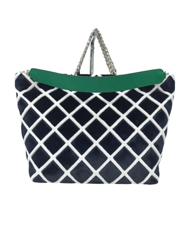 CROMIA SUSAN, BORSA GRANDE IN VELLUTO A ROMBI COLORE NERO/BIANCO, PROFILO IN VITELLO VERDE, DUE MANICI A CATENA ACCIAIO E TRACO