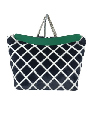 CROMIA SUSAN, BORSA GRANDE IN VELLUTO A ROMBI COLORE NERO/BIANCO, PROFILO IN VITELLO VERDE, DUE MANICI A CATENA ACCIAIO E TRACO