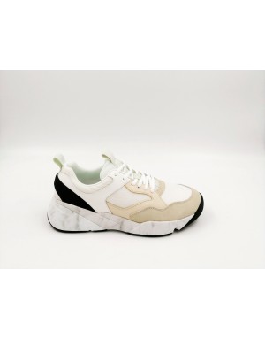 CROMIER 2C12 TECNOnylon WHITE SNEAKER LACCI TOMAIA IN CAMOSCIO E NYLON BEIGE/BIANCO FONDO GOMMA MARMORIZZATO 4CM