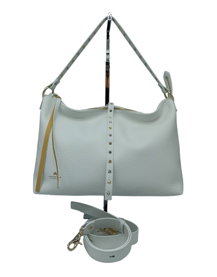 CUOIERIA FIORENTINA 5896R275 BORSA GRANDE IN VITELLO BOTTALATO COLORE BIANCO CON NOTTOLINI ORO E ARGENTO, CHIUSURA CON LAMPO CE