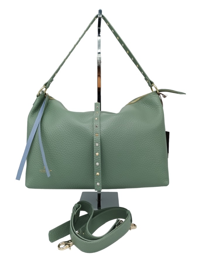 CUOIERIA FIORENTINA 5896R275 BORSA GRANDE IN VITELLO BOTTALATO COLORE SALVIA CON NOTTOLINI ORO E ARGENTO, CHIUSURA CON LAMPO CE