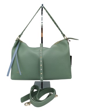 CUOIERIA FIORENTINA 5896R275 BORSA GRANDE IN VITELLO BOTTALATO COLORE SALVIA CON NOTTOLINI ORO E ARGENTO, CHIUSURA CON LAMPO CE