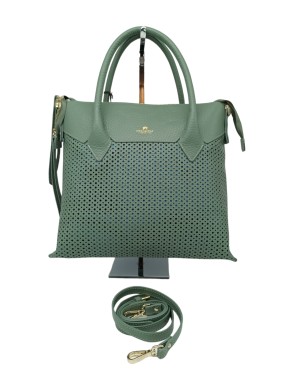 CUOIERIA FIORENTINA 5968275, BORSA MEDIA/GRANDE IN VITELLO BOTTALATO MICROFORATO COLORE SALVIA CON TRASPARENTE CELESTE, CHIUSUR