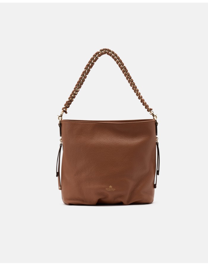 CUOIERIA FIORENTINA BORSA GRANDE IN VITELLO BOTTALATO COLORE CARAMEL, LAMPO CENTRALE, TRACOLLA CATENA A SPALLA E TRACOLLA REGOL