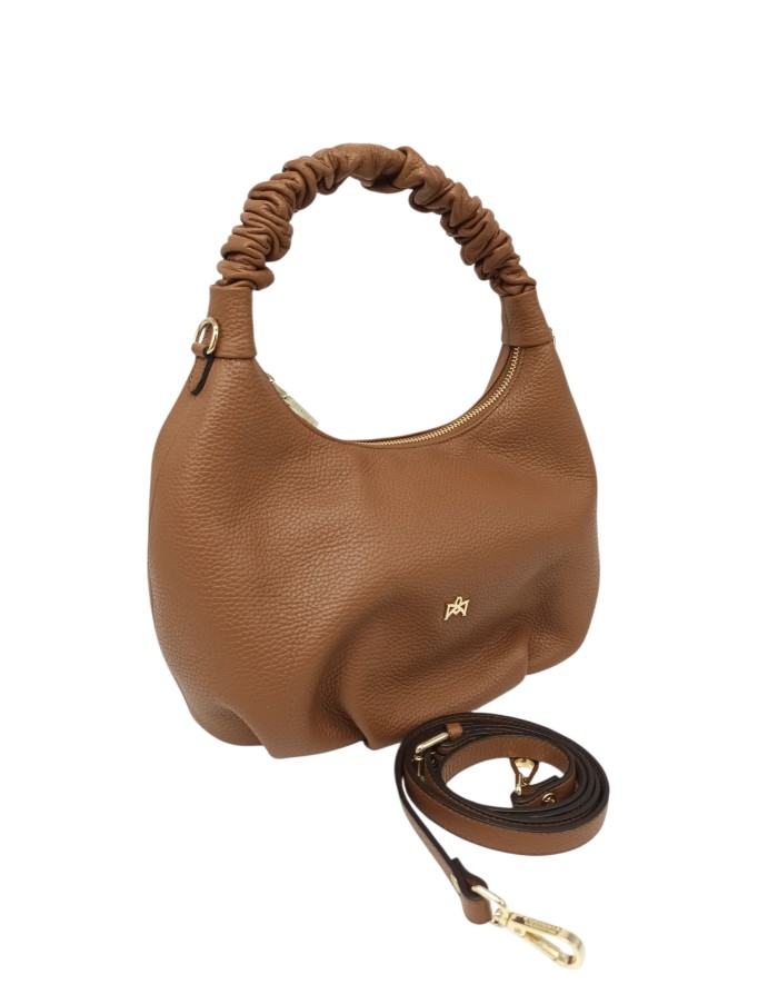 CUOIERIA FIORENTINA BORSA MEDIA IN VITELLO BOTTALATO COLORE CARAMEL, LAMPO CENTRALE, MANICO ARRICCIATO E TRACOLLA STACCABILE/RE