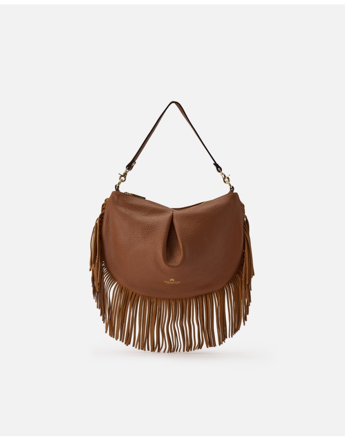 CUOIERIA FIORENTINA BORSA MEZZALUNA MEDIA IN VITELLO BOTTALATO COLORE CARAMEL CON FRANGE IN CAMOSCIO IN TINTA, LAMPO CENTRALE, 