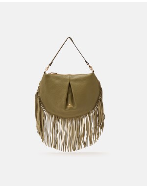 CUOIERIA FIORENTINA BORSA MEZZALUNA MEDIA IN VITELLO BOTTALATO COLORE VERDE BOSCO CON FRANGE IN CAMOSCIO IN TINTA, LAMPO CENTRA