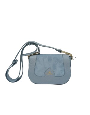 CUOIERIA FIORENTINA BORSA PICCOLA IN VITELLO BOTTALATO E CAMOSCIO COLORE CIELO , CHIUSURA A PATTA, TRACOLLA STACCABILE/REGOLABI