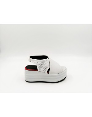 DEI COLLI BUBLE108 SANDALO DONNA 2 FASCE INCROCIATE IN VITELLO E TESSUTO RETATO BIANCO ,SOTTOPIEDE CON PROFILO COLOR CORALLO, F