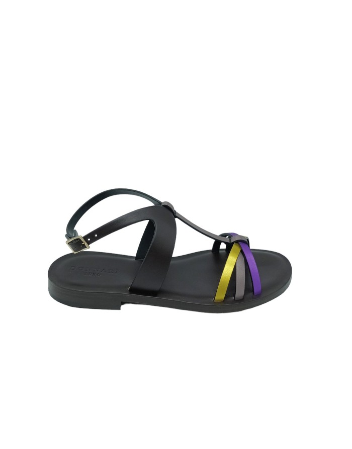 DONNARI' DR15A, SANDALO CHARLESTONE IN VITELLO COLORE FONDENTE CON FASCETTE MULTICOLOR, FONDO CUOIO TACCO 2CM