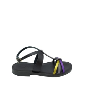 DONNARI' DR15A, SANDALO CHARLESTONE IN VITELLO COLORE FONDENTE CON FASCETTE MULTICOLOR, FONDO CUOIO TACCO 2CM