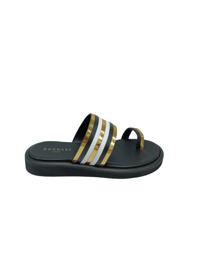 DONNARI' DS14DM, SANDALO/SABOT INFRADITO IN VITELLO COLORE NERO/ORO/BIANCO, FONDO GOMMA MICRO EXTRA LIGHT