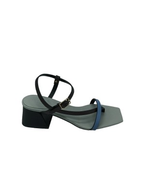 DONNARI' DS24, SANDALO INFRADITO IN VITELLO COLORE FONDENTE/CIELO, TACCO FASCIATO NERO 5CM, FONDO CUOIO