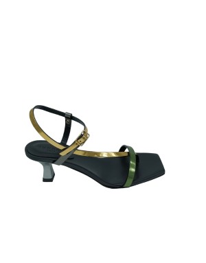 DONNARI' DS24EJ, SANDALO INFRADITO IN VITELLO SPECCHIO COLORE VERDE/ORO , TACCO IN ABS ACCIAIO 5CM, FONDO CUOIO