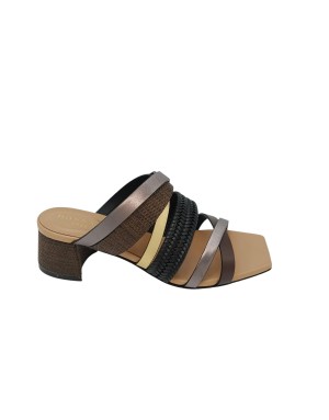 DONNARI' SABOT SPUNTATO CON FASCE INCROCIATE MIX DESERT, TACCO FASCIATO 5CM, FONDO CUOIO