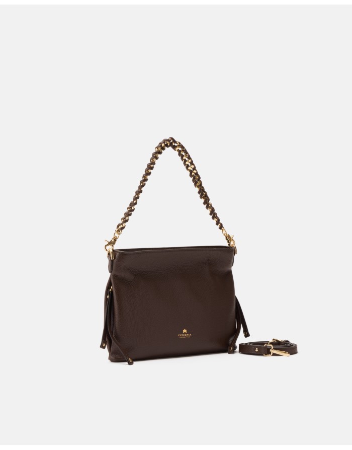 CUOIERIA FIORENTINA BORSA/BUSTINA IN VITELLO BOTTALATO COLORE CIOCCOLATO , LAMPO CENTRALE, TRACOLLINA A SPALLA CON CATENA E TRA