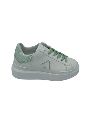 ED PARRISH CKLD-SQ02, SNEAKER LACCI IN VITELLO  COLORE BIANCO CON TOPPONCINO GLITTERATO SMERALDO, LACCIO A RIPORTO E PROFILI AR