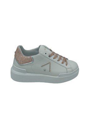 ED PARRISH CKLD-SQ05, SNEAKER LACCI IN VITELLO  COLORE BIANCO CON TOPPONCINO GLITTERATO NUDE, LACCIO A RIPORTO E PROFILI ARGENT
