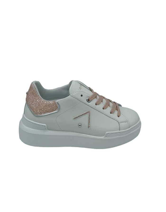 ED PARRISH CKLD-SQ05, SNEAKER LACCI IN VITELLO  COLORE BIANCO CON TOPPONCINO GLITTERATO NUDE, LACCIO A RIPORTO E PROFILI ARGENT