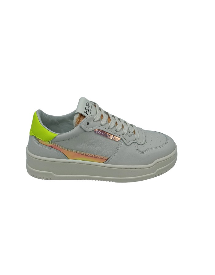 ED PARRISH DNLD-IR000, SNEAKER LACCI IN VITELLO  COLORE BIANCO CON TOPPONCINO LIME, RIPORTI MULTIRIDESCENTE, FONDO GOMMA EXTRA 