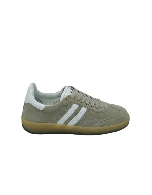 ED PARRISH TRAINER-UM090, SNEAKER LACCI IN CAMOSCIO COLORE TORTORA CON TOPPONCINO E BANDE LATERALI IN VITELLO BIANCO, FONDO GOM