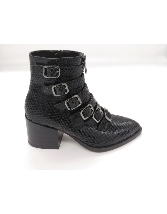 ELVIO ZANON 13604G PIPER NERO, TRONCHETTO TOMAIA IN PITONATO LUCIDO NERO CON FIBBIE COLOR ACCIAIO, LAMPO LATERALE, TACCO 6,5CM 