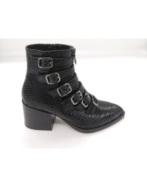 ELVIO ZANON 13604G PIPER NERO, TRONCHETTO TOMAIA IN PITONATO LUCIDO NERO CON FIBBIE COLOR ACCIAIO, LAMPO LATERALE, TACCO 6,5CM 