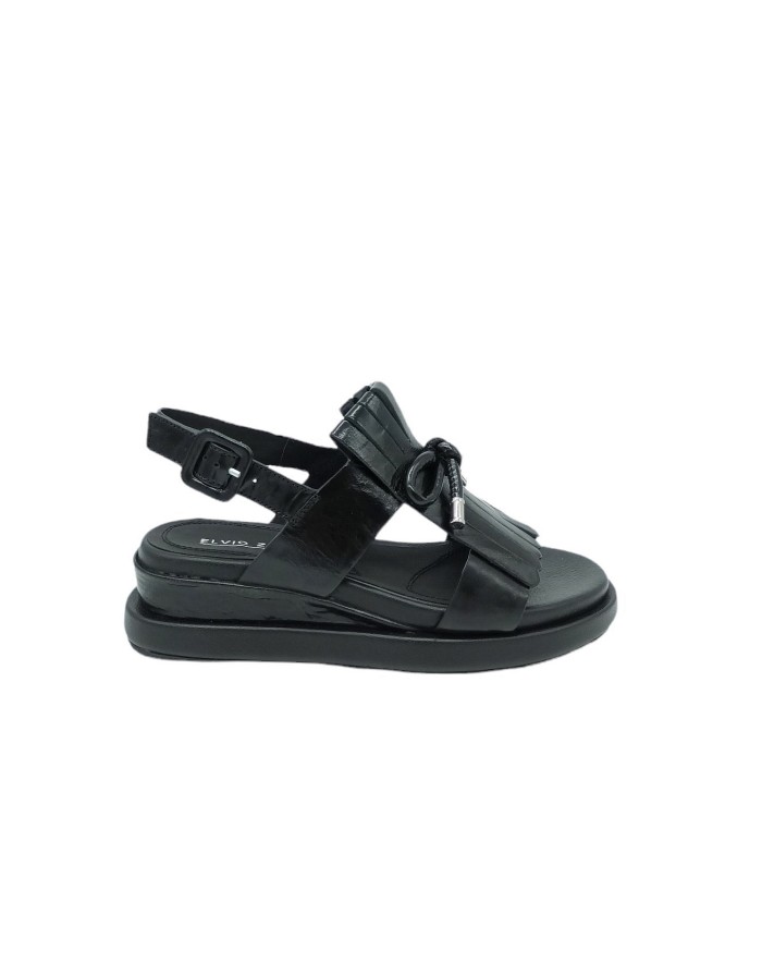 ELVIO ZANON EQ3203X, SANDALO DUE FASCE CON FRANGIA, TOMAIA IN VITELLO LUC COLORE NERO, FONDO ZEPPA FASIATA 5CM